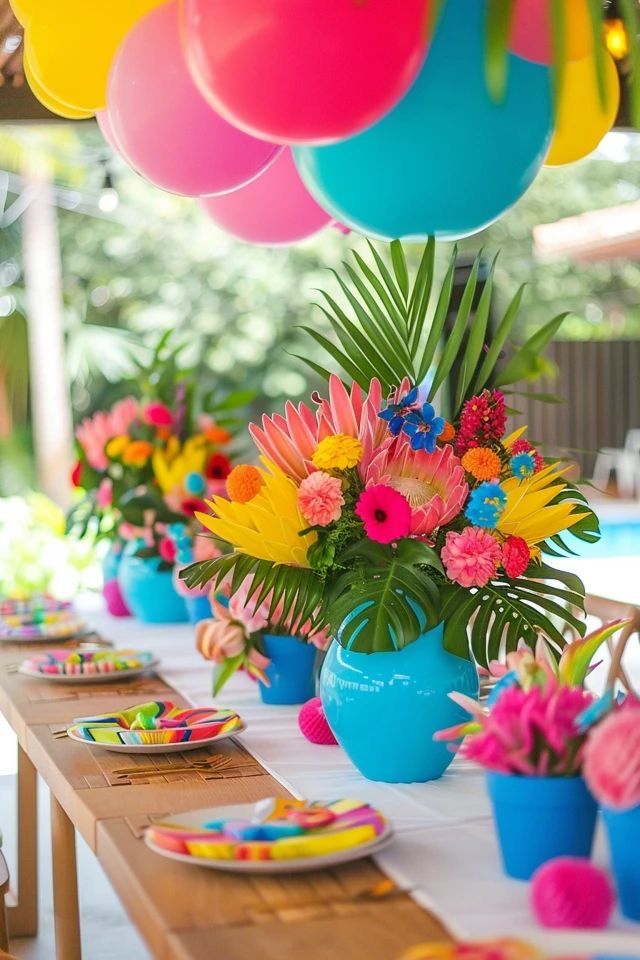 Colorful tropical balloon party table